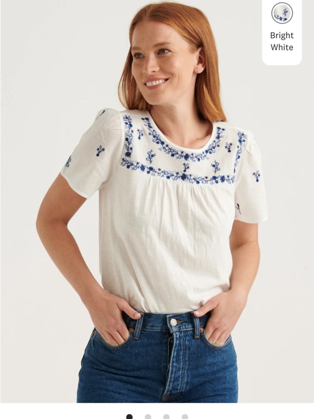 Lucky Brand White Short-Sleeve Top with Blue Floral Embroidery - Picture 5 of 7